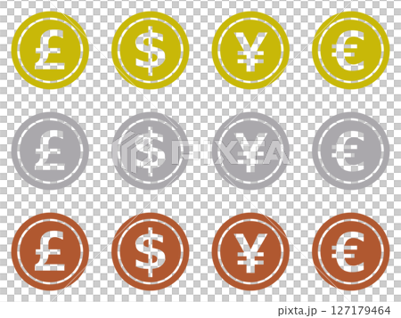金貨・銀貨・銅貨のスタンプ風アイコン 4種の通貨記号3色セット 127179464
