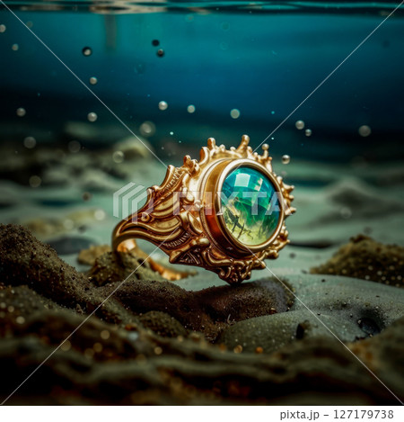 A gold finger ring with a faceted green stone lies on the bottom. Under the water, on the bottom, lies a lost gold finger ring, illuminated by sunlight through the thickness of the water. 127179738
