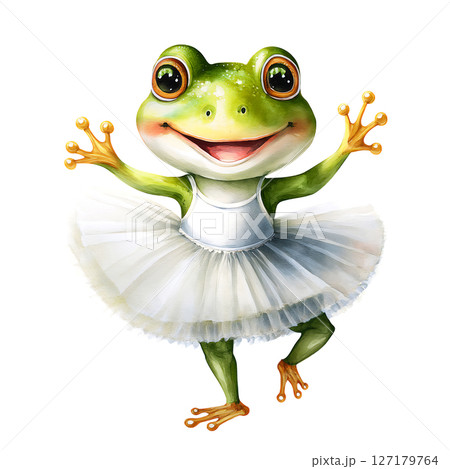 チュチュを着た踊るカエルのバレリーナの水彩画 127179764