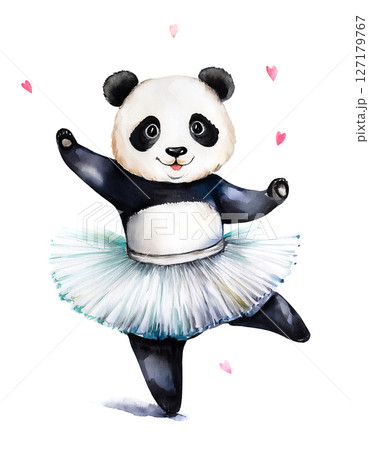 チュチュを着た踊るパンダのバレリーナの水彩画 127179767