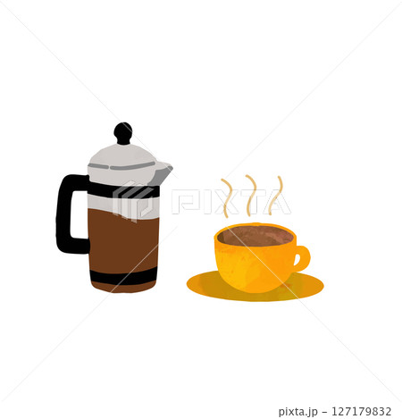 絵本風のコーヒープレスとカップ 127179832