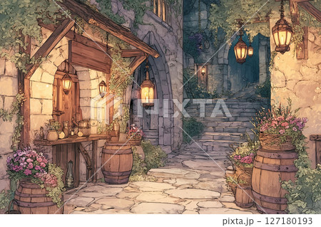 ファンタジーな石畳の町と小さな店先 127180193