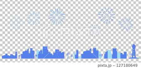 Frame illustration of a seaside townscape and silhouette of fireworks Background illustration Cityscape 127180649