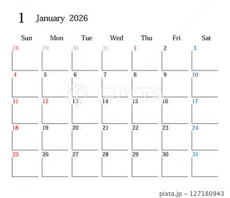 2026年1月、日本のカレンダー 127180943