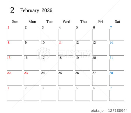 2026年2月、日本のカレンダー 127180944