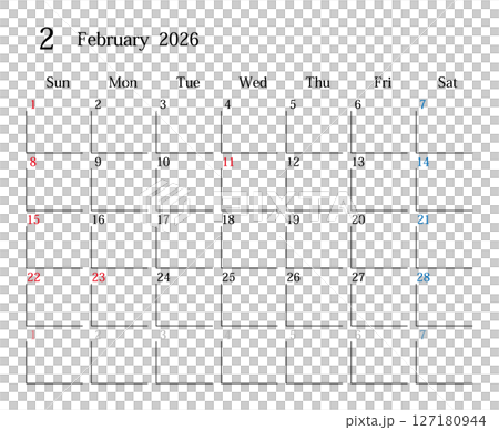 2026年2月、日本のカレンダー 127180944