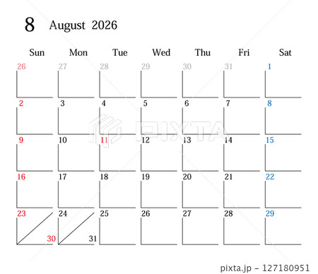 2026年8月、日本のカレンダー 127180951