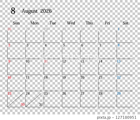 2026年8月、日本のカレンダー 127180951