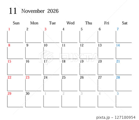 2026年11月、日本のカレンダー 2026年11月、日本のカレンダー 127180954