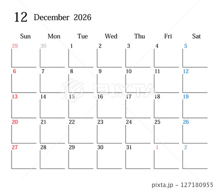 2026年12月、日本のカレンダー 127180955