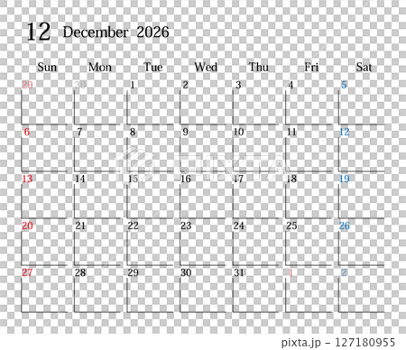 2026年12月、日本のカレンダー 127180955