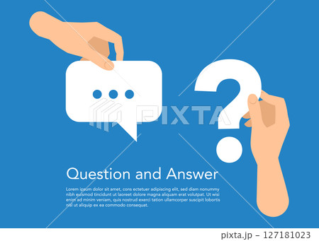 Hand holding a blank white speech bubble and a white question mark on a blue background 127181023