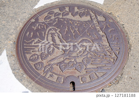 長野県戸隠のご当地マンホール蓋と山と小鳥のデザイン 長野県戸隠のご当地マンホール蓋と山と小鳥のデザイン 127181188