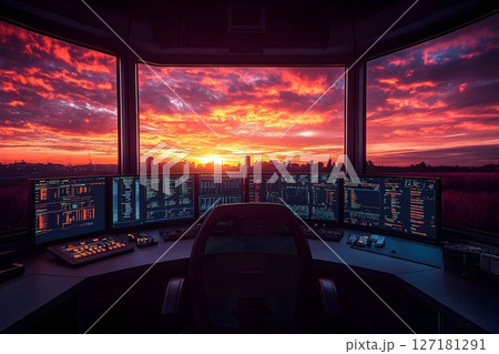 Futuristic Control Room Overlooking a Fiery Sunset Cityscape wit 127181291