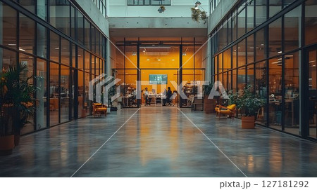 Warmly Lit Modern Office Interior with Glass Walls and Polished 127181292