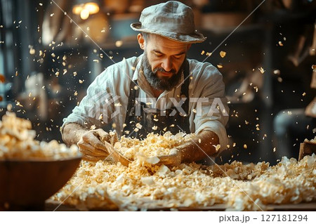 Bearded Craftsman Shaping Wood in Dust-Filled Workshop 127181294