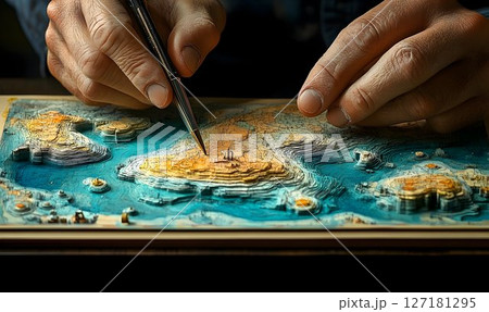 Artist's Hands Detailing Intricate 3D Coastal Map 127181295