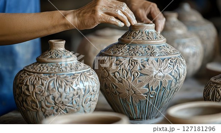 Intricate floral pottery with artisan hands shaping the lid, sof 127181296