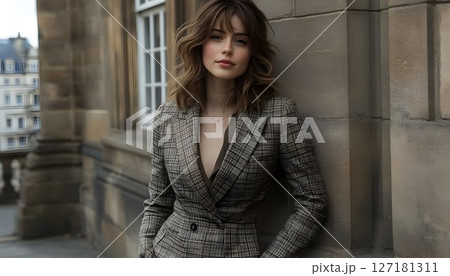 Elegant Woman Leaning Against Stone Wall in Plaid Blazer, Portra Elegant Woman Leaning Against Stone Wall in Plaid Blazer, Portra 127181311