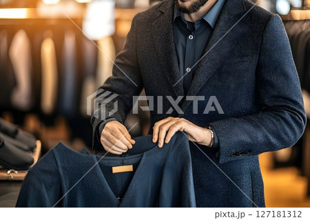 Stylish Man Inspecting a Dark Blue Jacket in a Boutique, Close-U 127181312