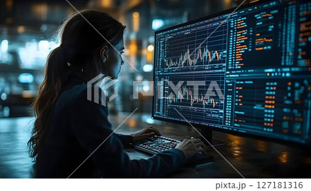 Focused Woman Analyzing Financial Data on a Computer Screen at N 127181316