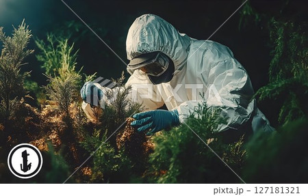 Scientist in Hazmat Suit Examining Plant Life in Dark Forest Env 127181321