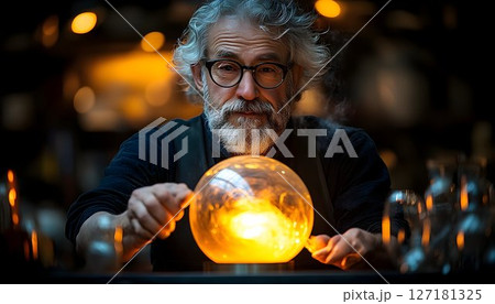 Glassblower shaping molten orb with focused gaze in dimly lit wo 127181325