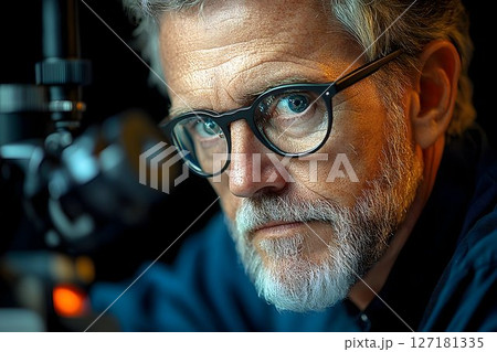 Close-up of a Focused Scientist Examining a Microscope 127181335