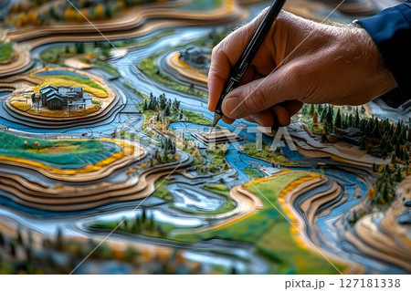 Hand detailing a layered topographic model of a river landscape Hand detailing a layered topographic model of a river landscape 127181338