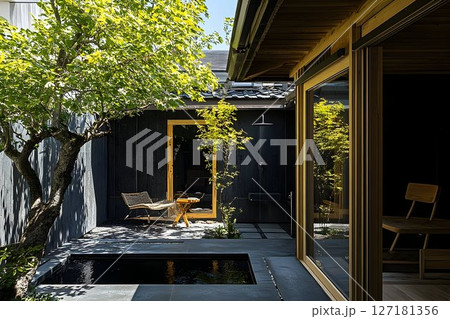 Serene Japanese Courtyard with Reflecting Pool and Outdoor Showe Serene Japanese Courtyard with Reflecting Pool and Outdoor Showe 127181356
