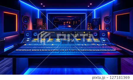 Neon-Lit Recording Studio with Large Mixing Console 127181369