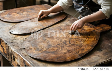 Artisan Carefully Refining Intricate Wooden Designs 127181370