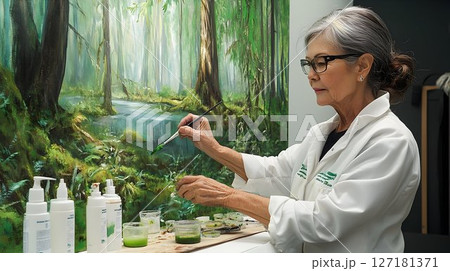 Focused artist painting a lush green forest landscape with delic 127181371