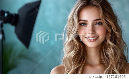 Blonde Woman Smiling in Studio with Soft Lighting 127181405