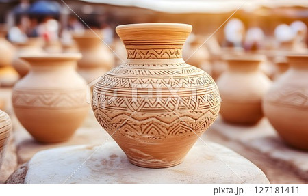 Handcrafted clay vase with geometric patterns displayed in a pot Handcrafted clay vase with geometric patterns displayed in a pot 127181411