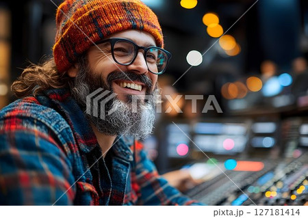 Joyful Bearded Man in Knit Hat Smiles in Studio 127181414