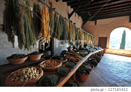 Rustic Herb and Vegetable Market Display in Ancient Building Rustic Herb and Vegetable Market Display in Ancient Building 127181422