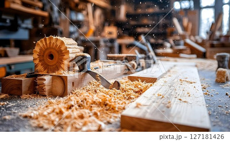 Woodworking Studio: Close-up of Hand Plane Shaping Wood 127181426
