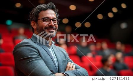 Confident Man in Grey Suit Smiles in Red Theater Seats 127181451