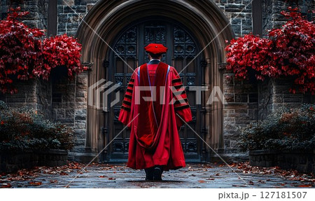 Graduate in Red Gown Approaches Ornate Stone Doorway with Autumn 127181507