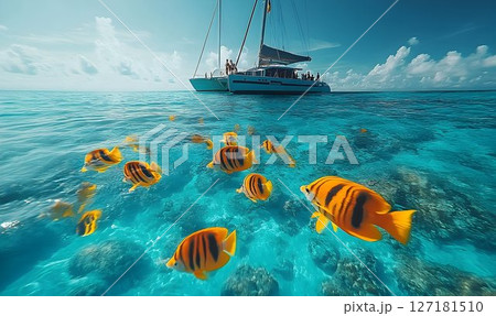 Turquoise Waters: Butterflyfish Dance Beneath a Catamaran's Shad 127181510