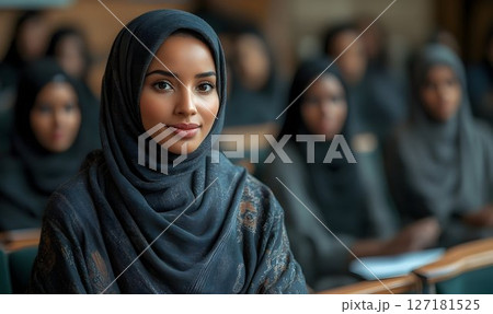 Confident Young Woman in Hijab Among Blurred Figures 127181525