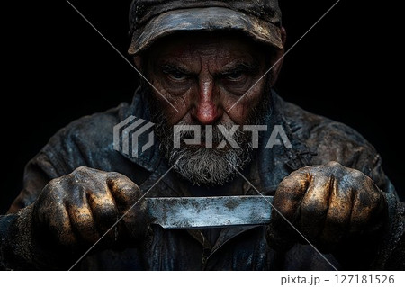 Intense gaze of a weathered man holding a worn blade in the dark 127181526