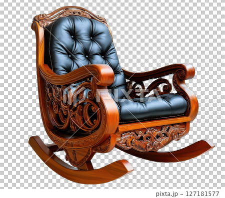 Elegant vintage rocking chair with intricate wood carvings and plush upholstery 127181577