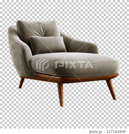 Luxurious chaise in soft gray suede with elegant stitching and wooden legs 127181606