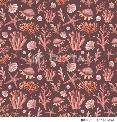 Watercolor seamless pattern with underwater world on brown background kids baby cute textile. Corals, shells, starfish, pearls in textile pattern in beige, pink colors. 127181858