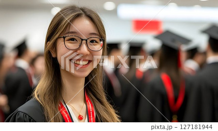 Joyful Graduate Smiles Brightly at Ceremony, Wearing Glasses and 127181944