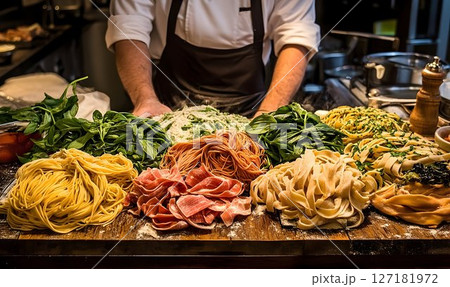 Chef preparing fresh pasta with basil and herbs on a wooden tabl 127181972