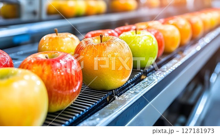 Freshly Washed Apples on a Conveyor Belt, Ready for Sorting and 127181973