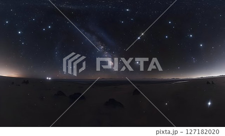 Milky Way Panorama Over Dark Beach with Distant Lights and Scatt Milky Way Panorama Over Dark Beach with Distant Lights and Scatt 127182020